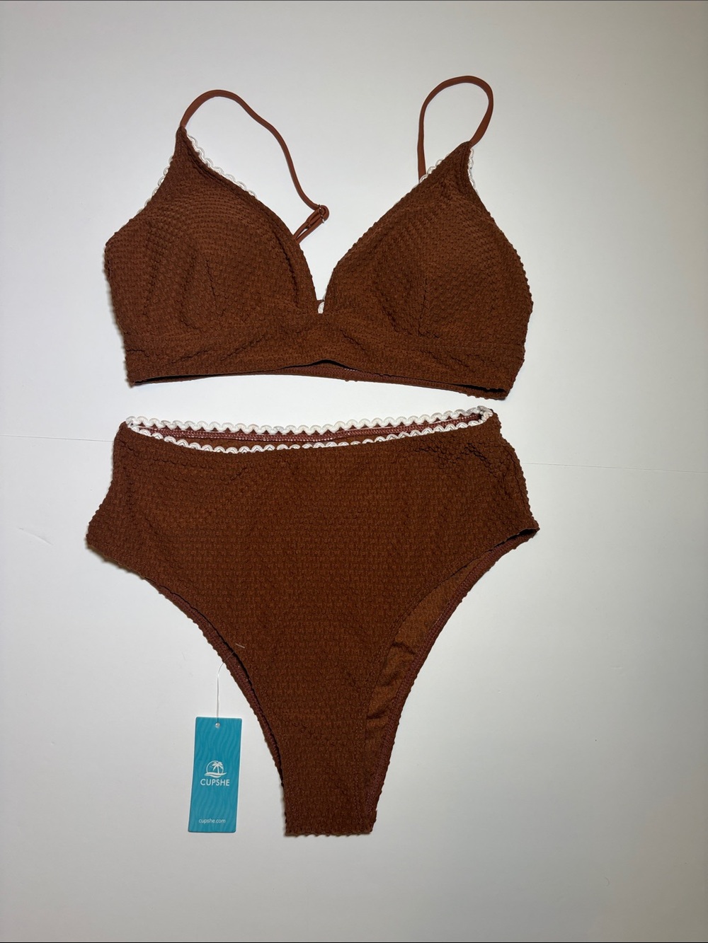 Cupshe Women’s Textured High-Waist Bikini Set Brown Medium
